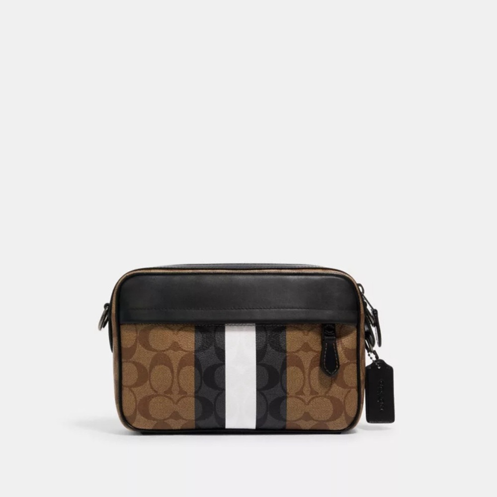 Coach Men's Signature Stripe Belt Bag in Brown and Black